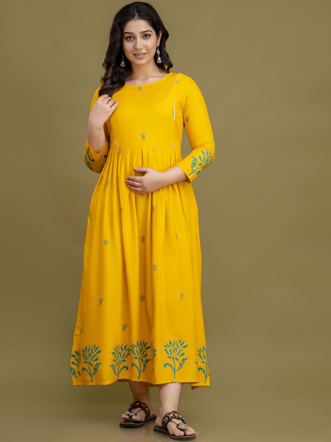 

Mialo fashion Printed Maternity Feeding Ethnic Dresses, Yellow