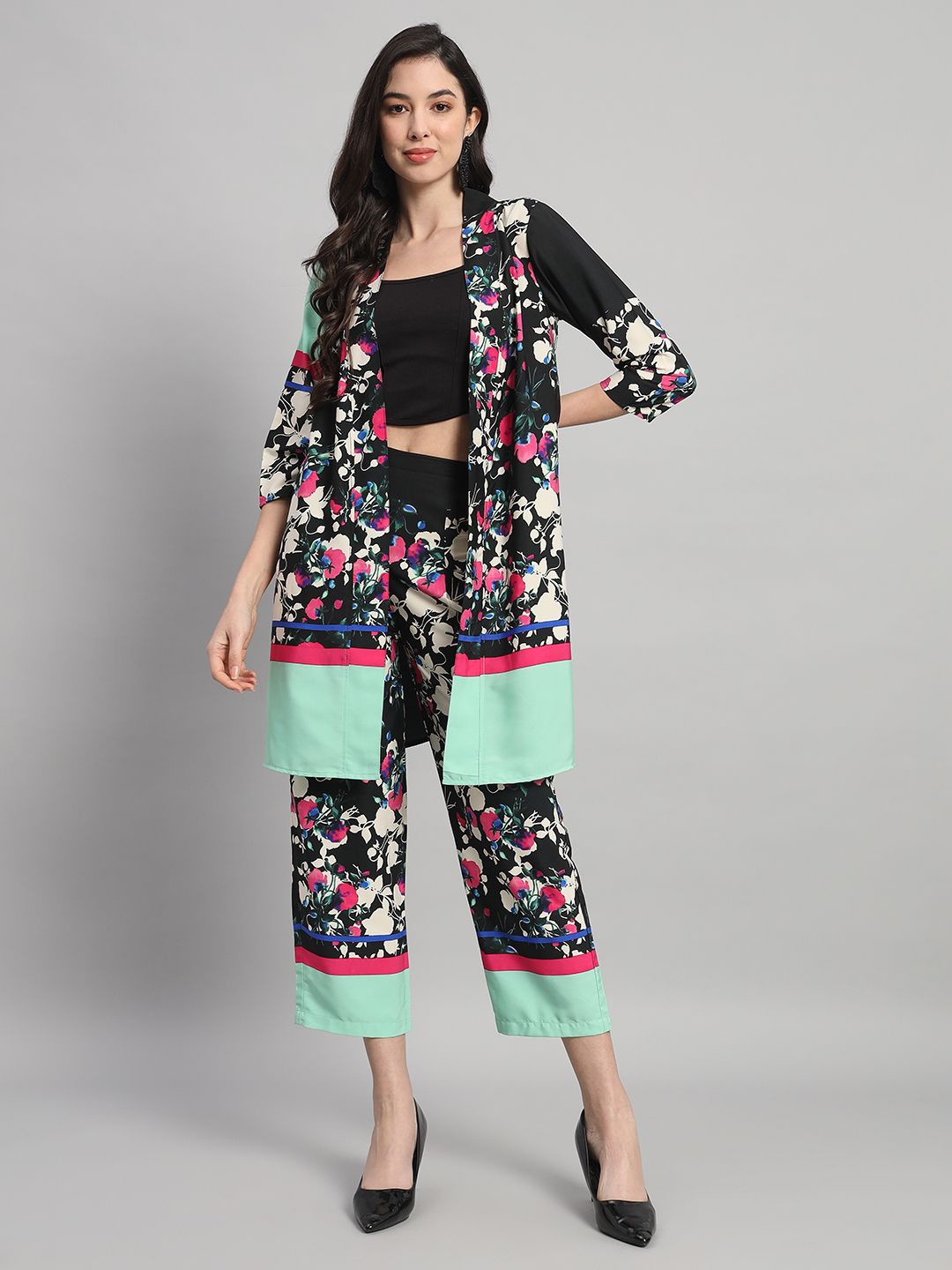 

Curvydrobe Floral Printed Longline Open Front Shrug, Black