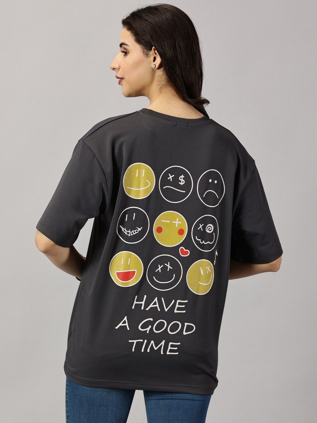 

Rodzen Women Graphic Printed Round Neck Cotton Oversized T-Shirt, Grey
