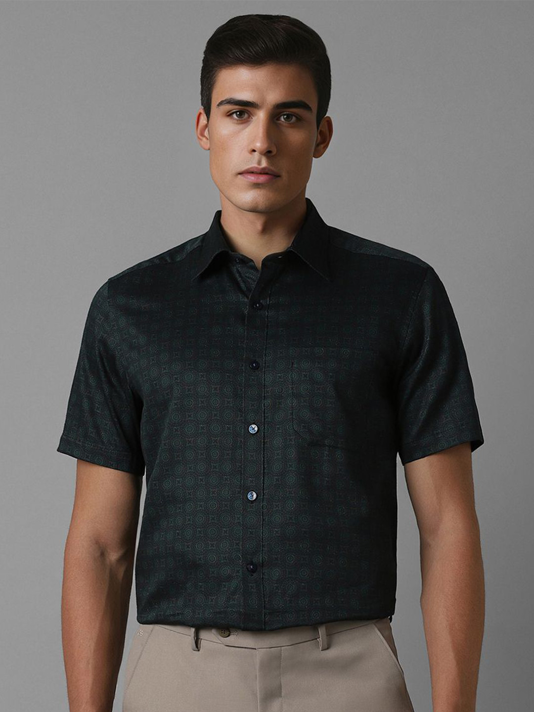 

Louis Philippe Men Spread Collar Abstract Printed Cotton Formal Shirt, Green