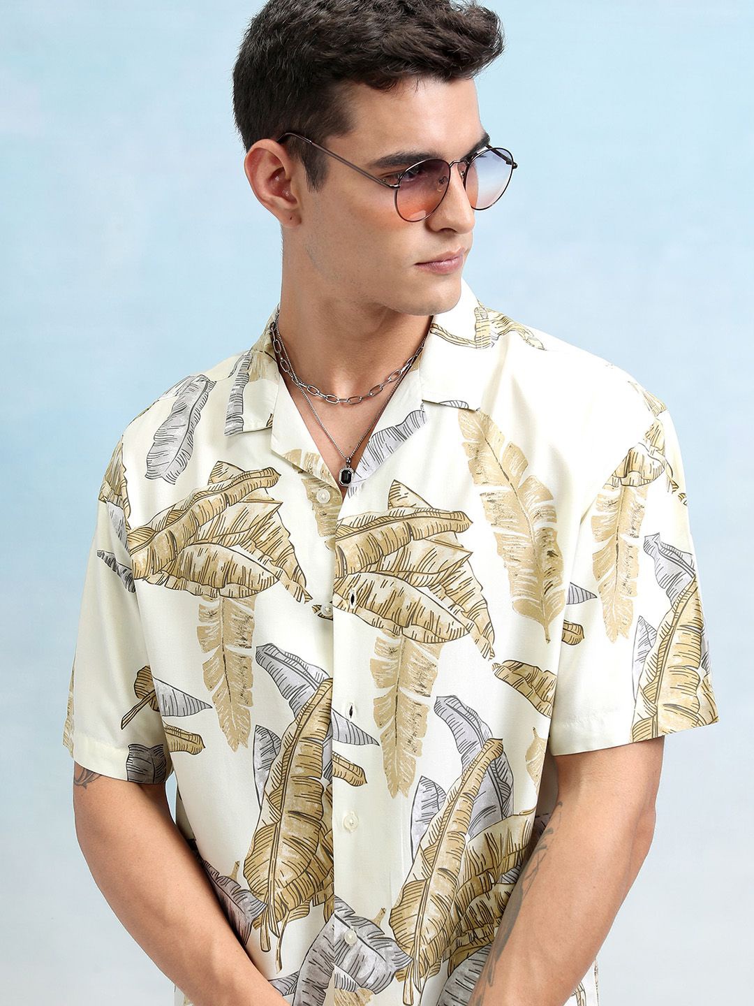 

Highlander Men Printed Cuban Collar Oversized Shirt, Yellow