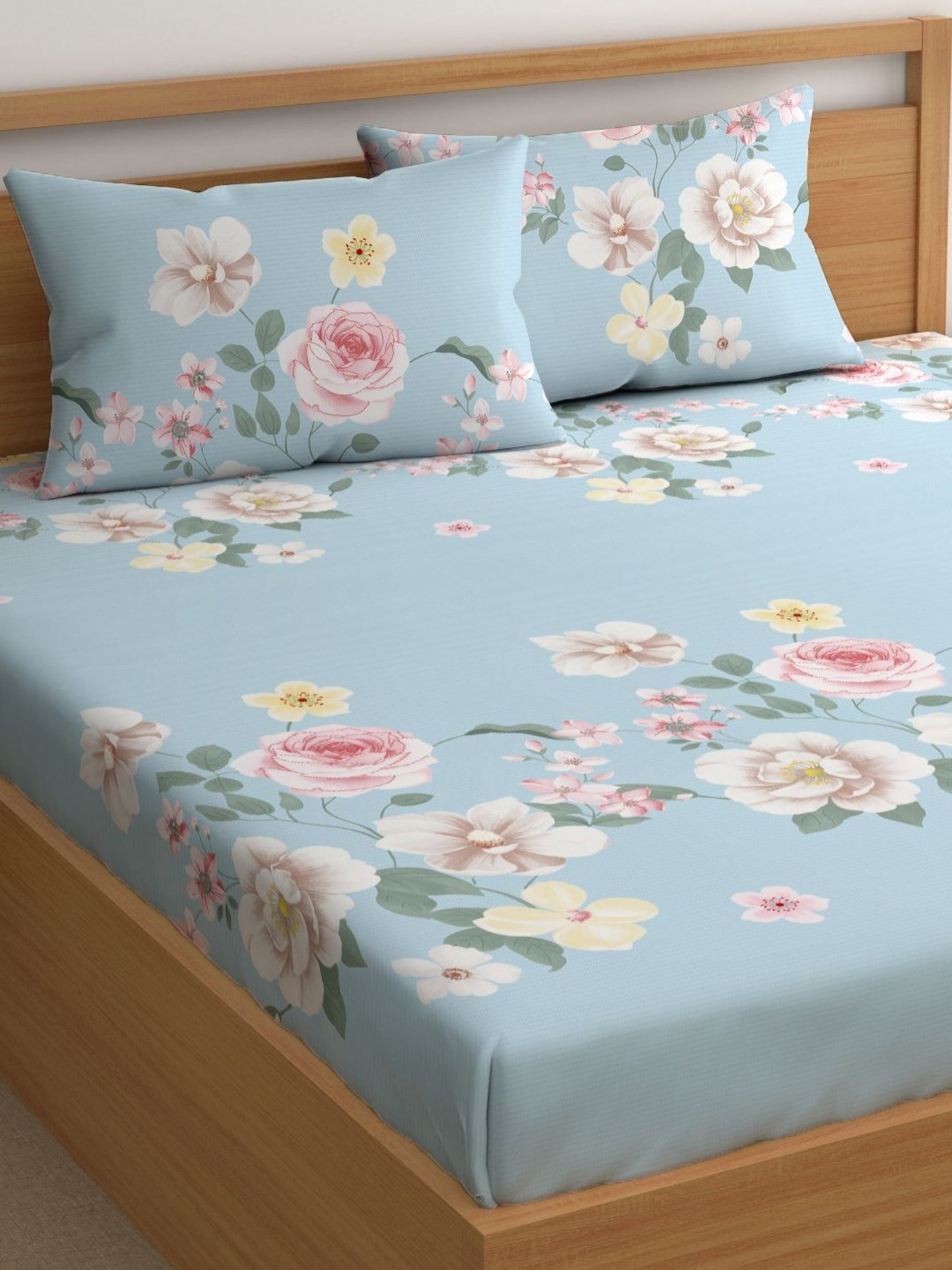 

CHHAVI INDIA Blue & White Floral 210 TC Queen Bedsheet With 2 Pillow Covers