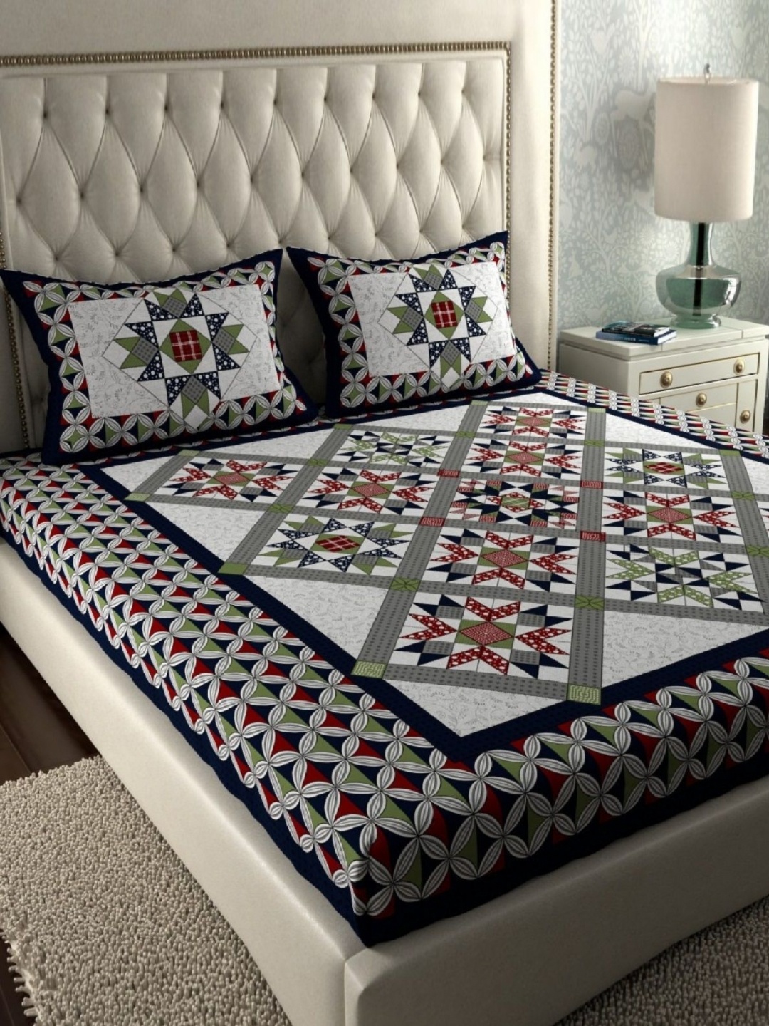 

AYAT COLLECTION Blue & White Geometric 144 TC Queen Bedsheet with 2 Pillow Covers
