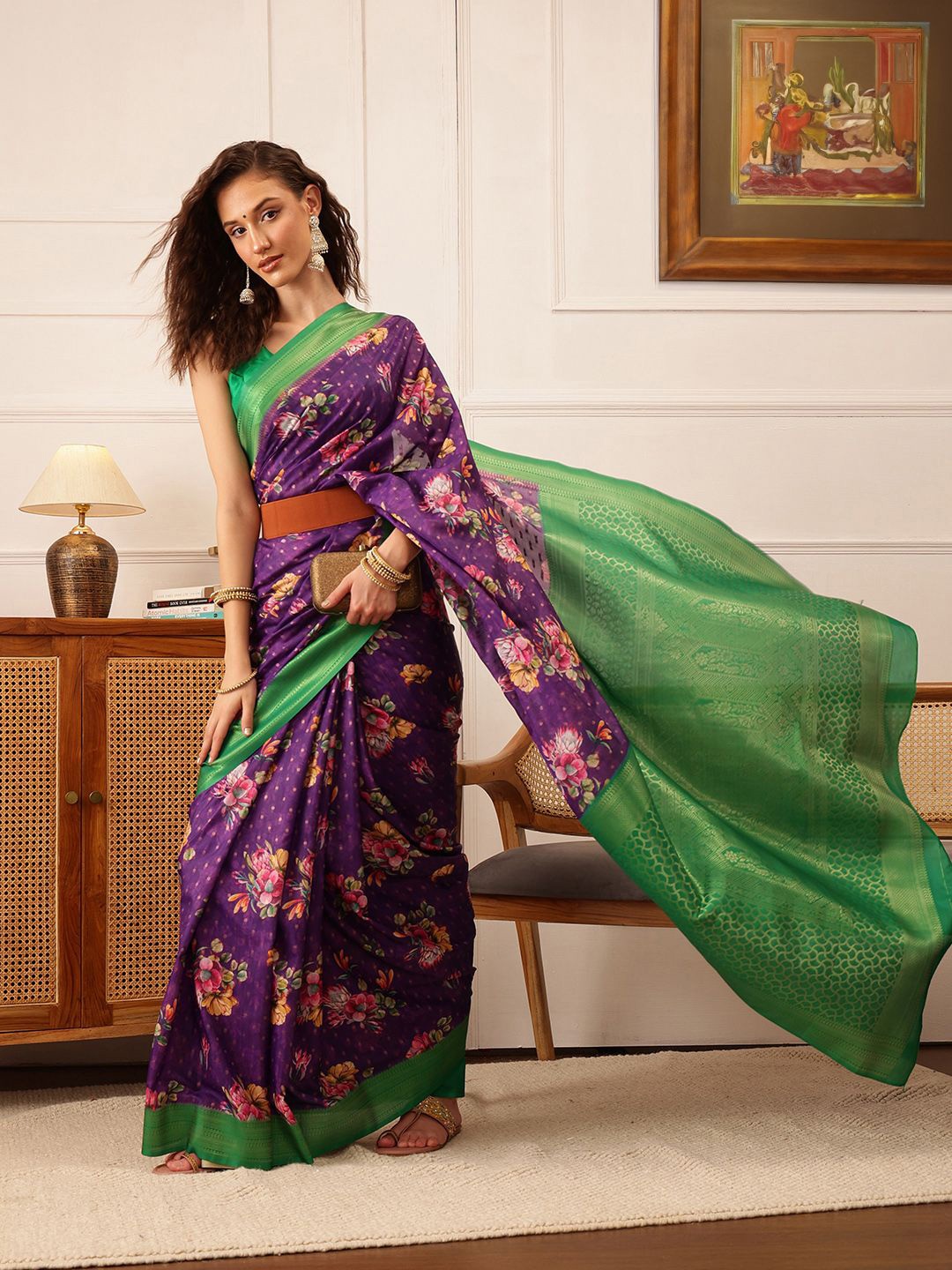 

Silk Land Floral Pure Crepe Zari Woven Digital Print Saree, Purple
