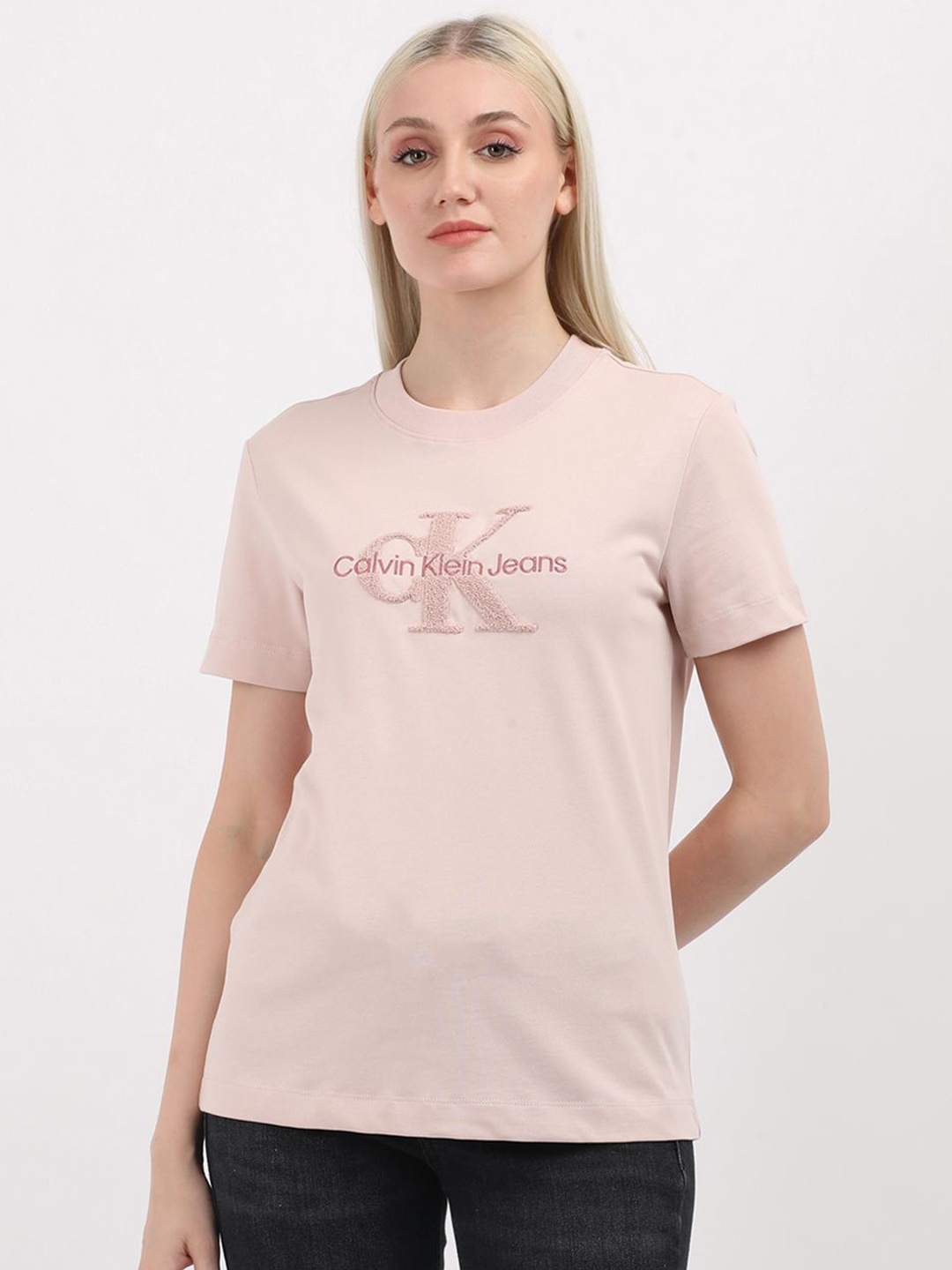 

Calvin Klein Jeans Women Brand Logo Printed Round Neck Organic Cotton T-Shirt, Pink