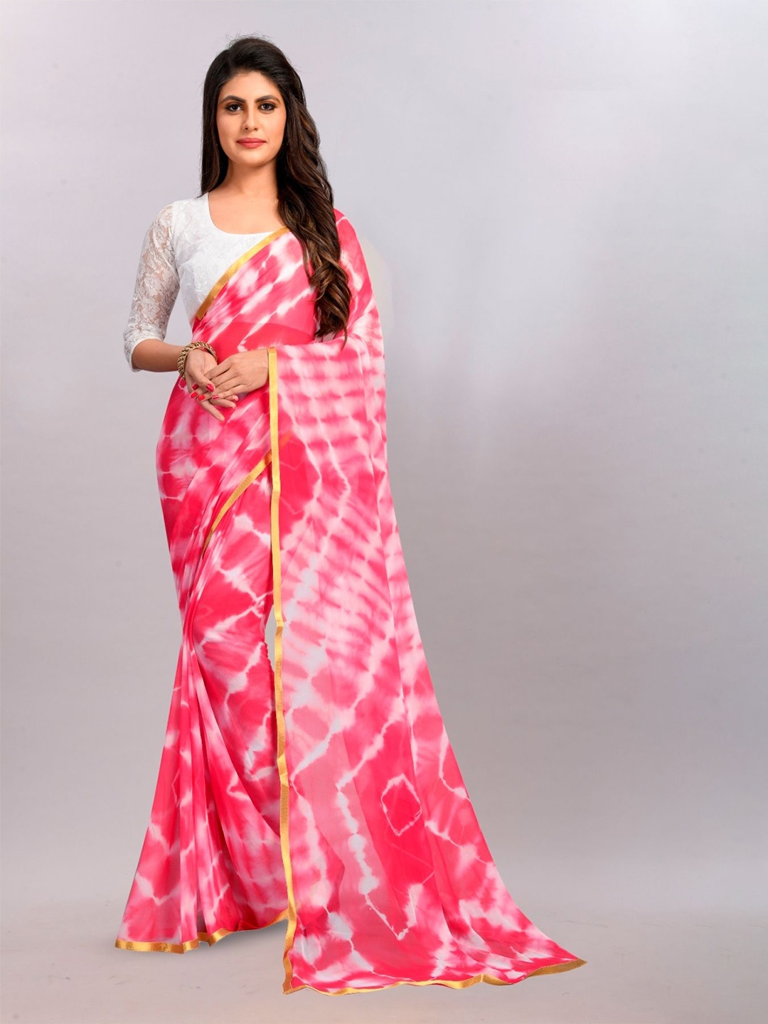 

Aika Tie & Dye Zari Pure Chiffon Saree, Pink