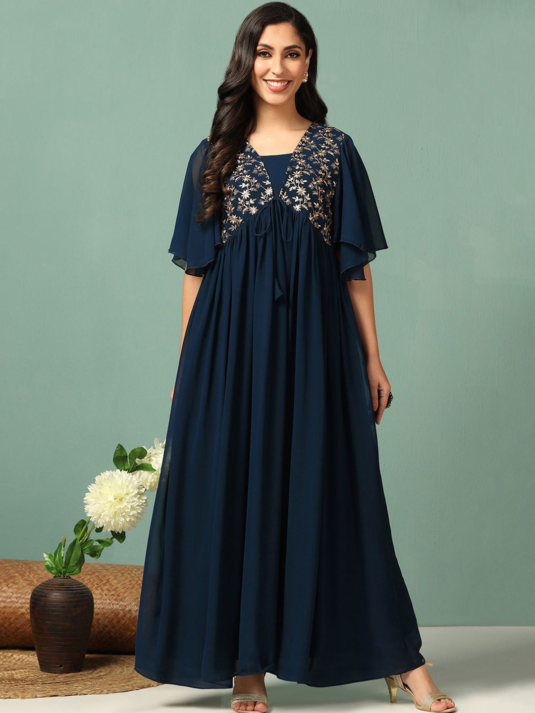 

BAESD Embroidered Georgette Empire Maxi Ethnic Dress, Navy blue