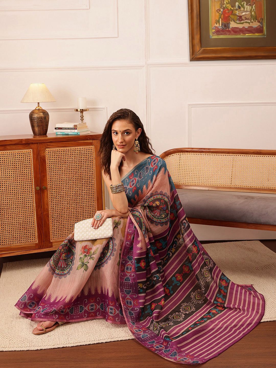 

Silk Land Ethnic motifs Printed Banarasi Saree, Beige