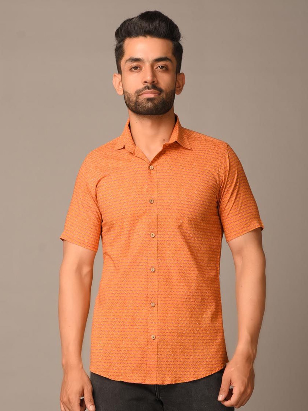 

Tistabene Men Standard Spread Collar Textured Cotton Casual Shirt, Orange