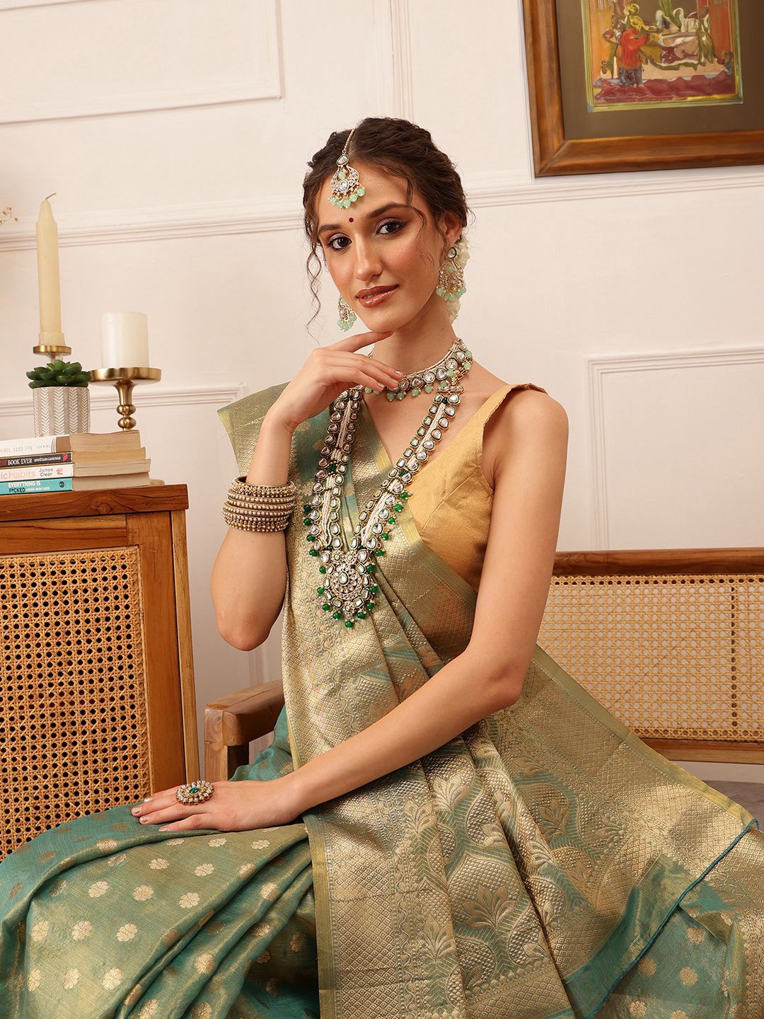 

Silk Land Woven Design Floral Printed Kanjeevaram Saree, Teal
