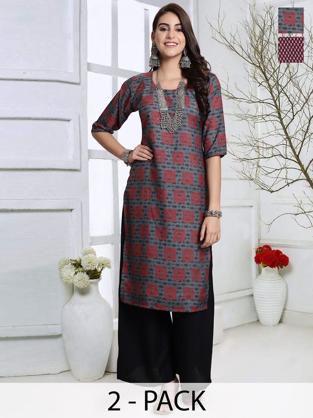

7Threads Selection Of 2 Geometric Printed Round Neck Straight Kurtas, Maroon