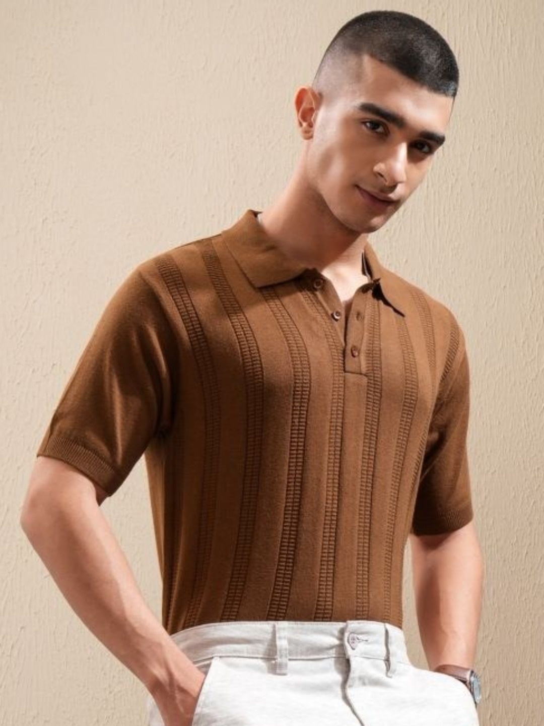 

HIGHLANDER Men Self Design Polo Collar Cotton Relaxed Fit T-shirt, Orange