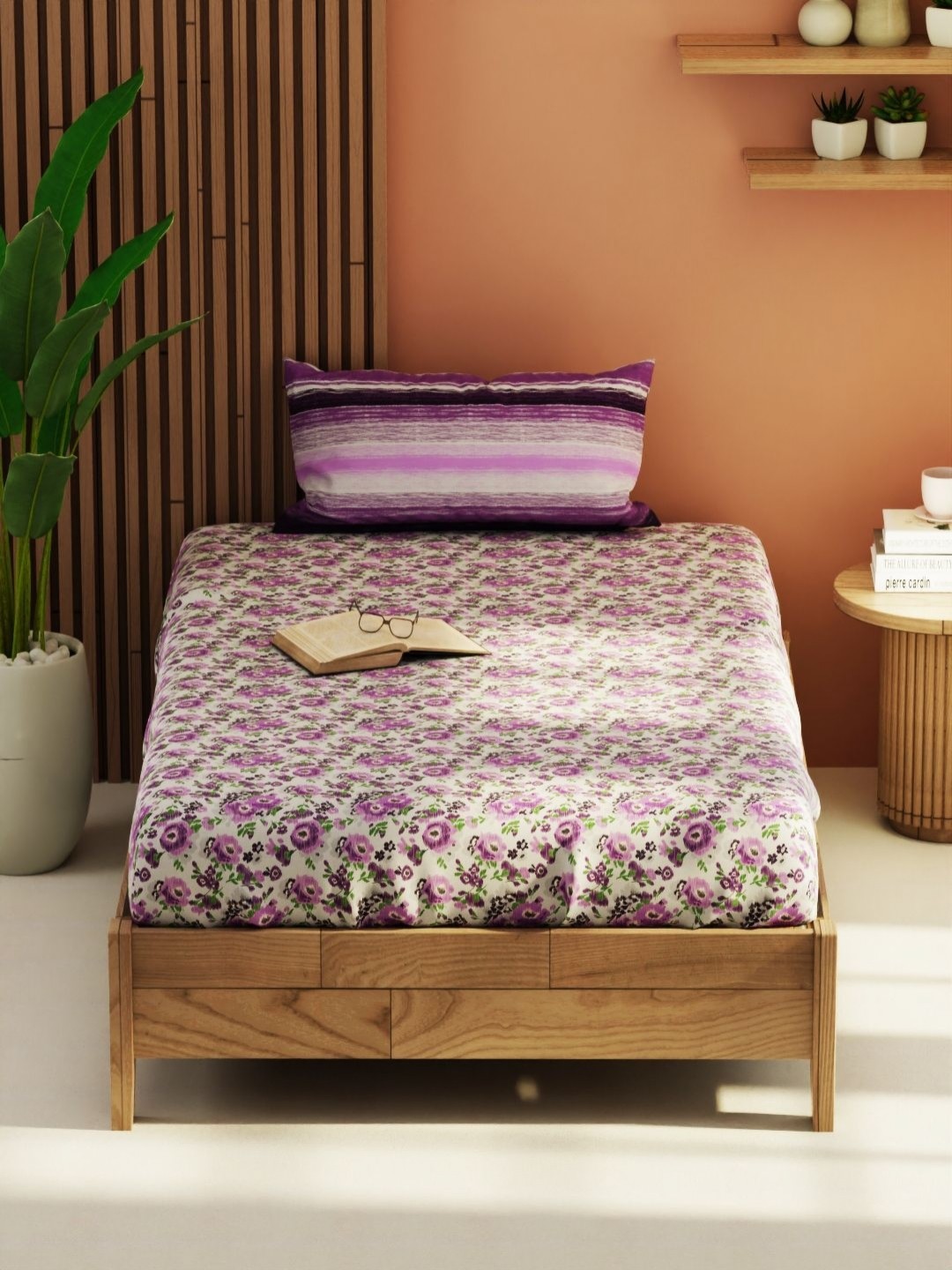 

KOPA Bagator White & Purple Floral 152 TC Single Bedsheet With 1 Pillow Covers