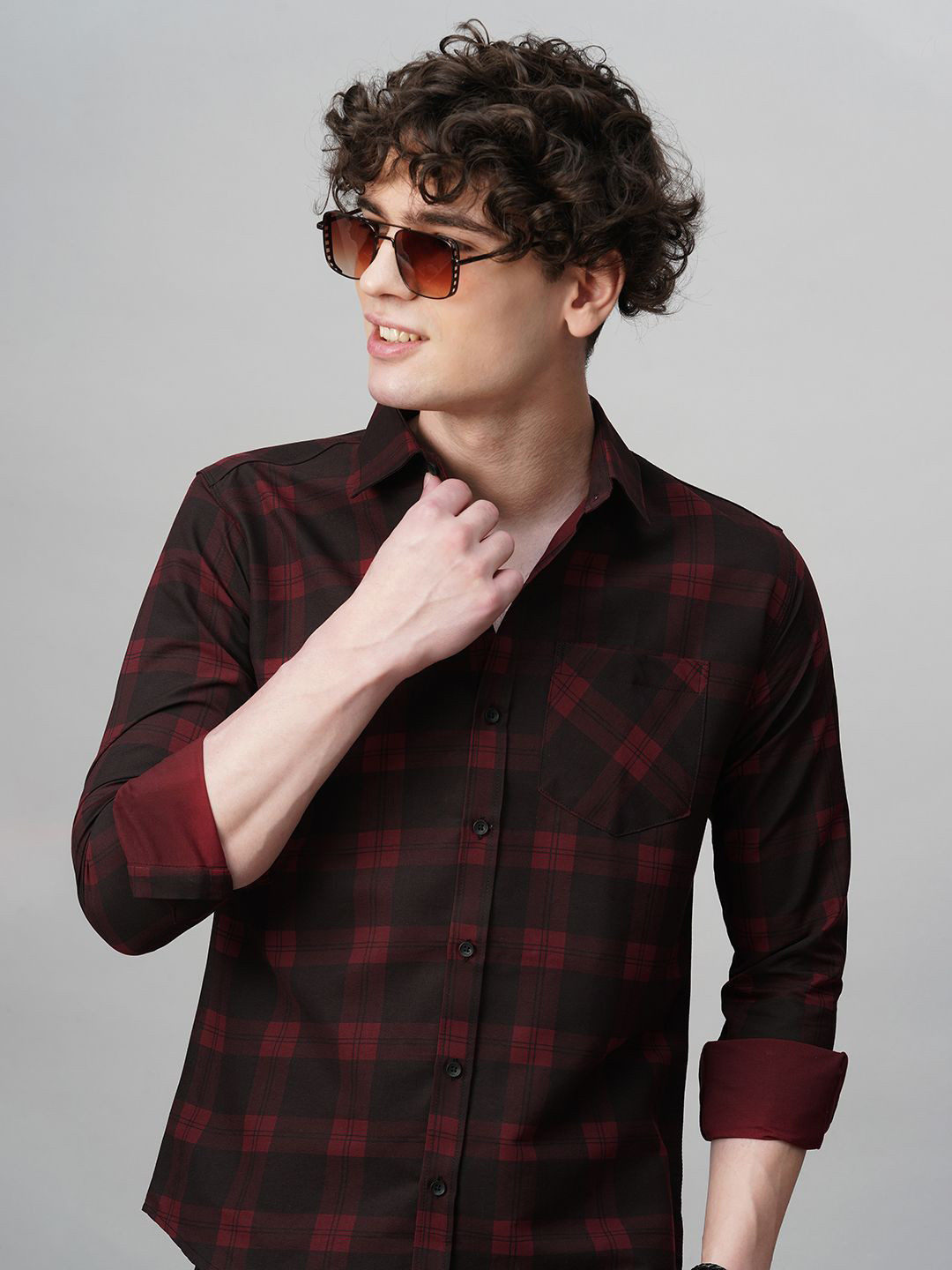 

TRYBUY.IN Men Comfort Spread Collar Tartan Checked Cotton Party Shirt, Maroon