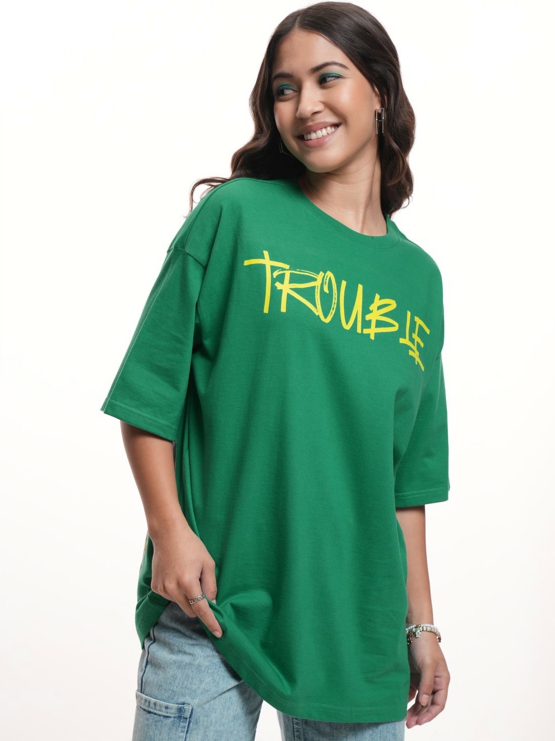 

Tokyo Talkies Disney Women Stitch Graphic Printed Oversized Cotton Tshirt, Green