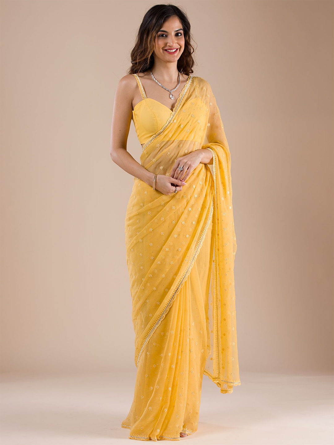 

Koskii Embellished Ethnic Motif Embroidered Pure Chiffon Saree, Yellow