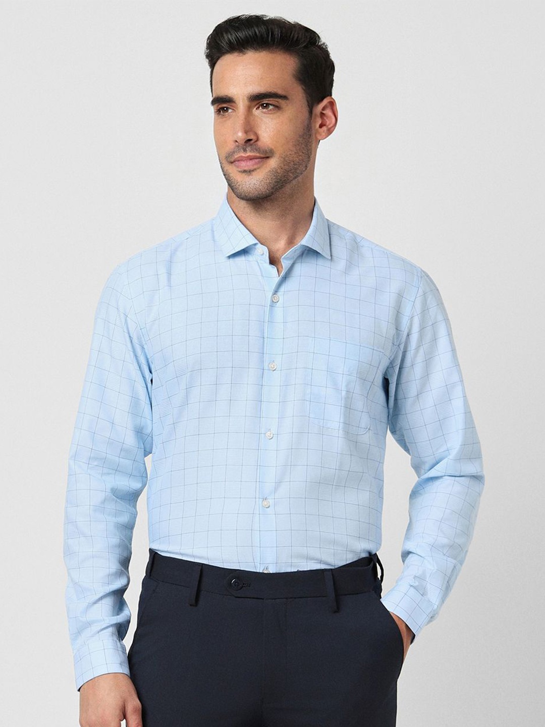 

Peter England Men Spread Collar Tartan Checked Cotton Formal Shirt, Blue