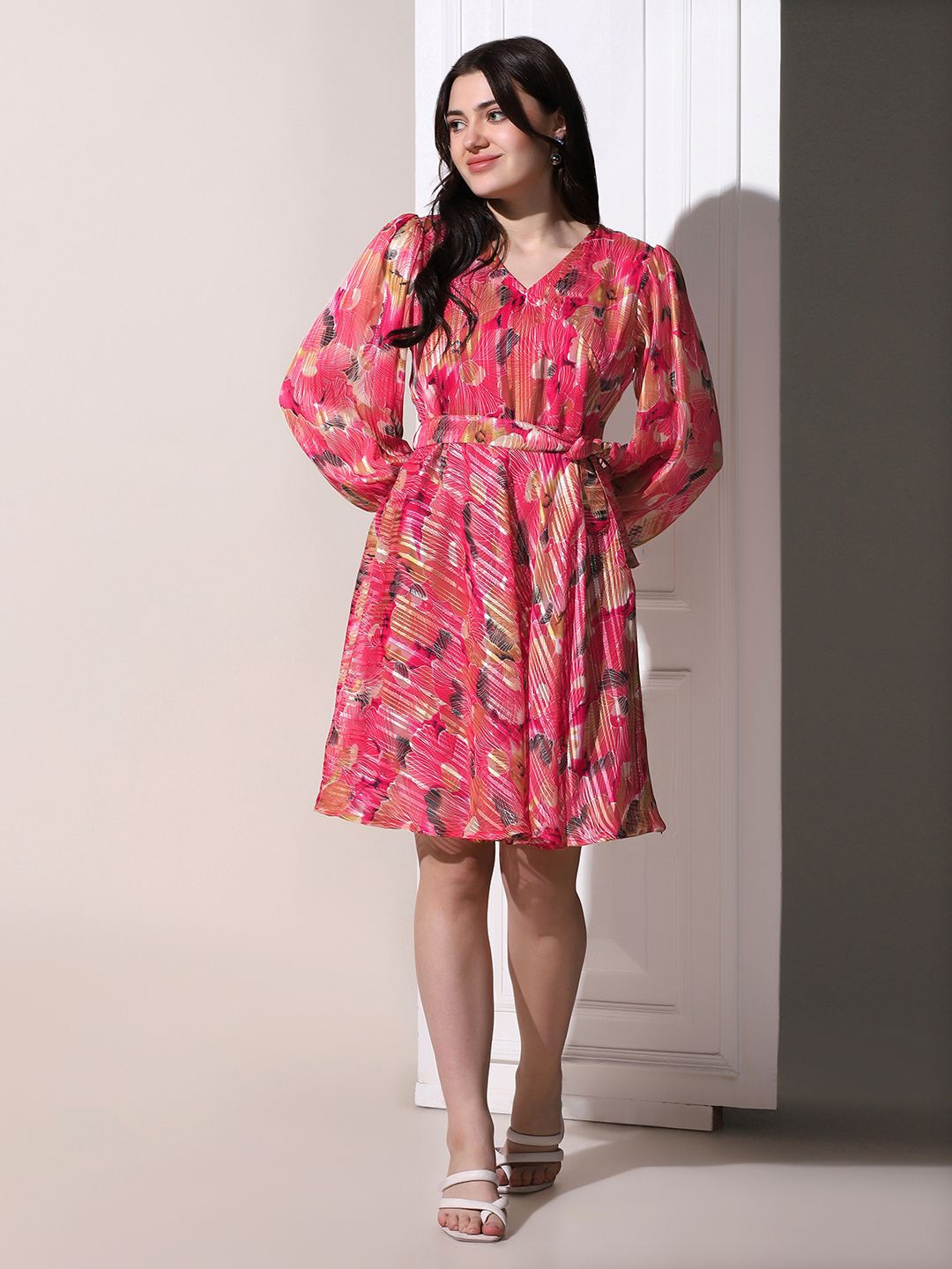 

BAESD Floral Print Puff Sleeve Georgette Fit & Flare Mini Dress, Pink