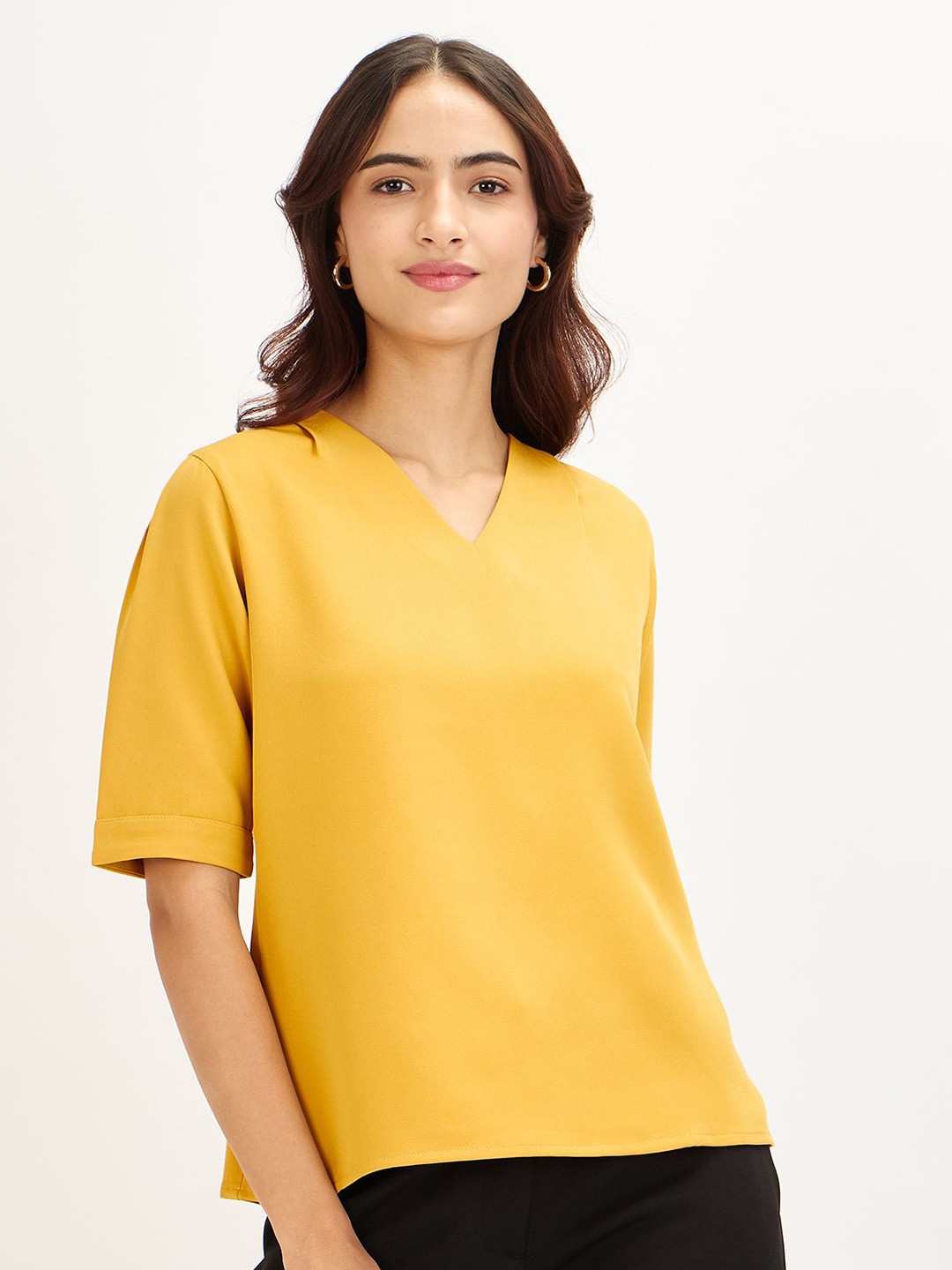 

SALT ATTIRE Women Solid V-Neck Top, Mustard