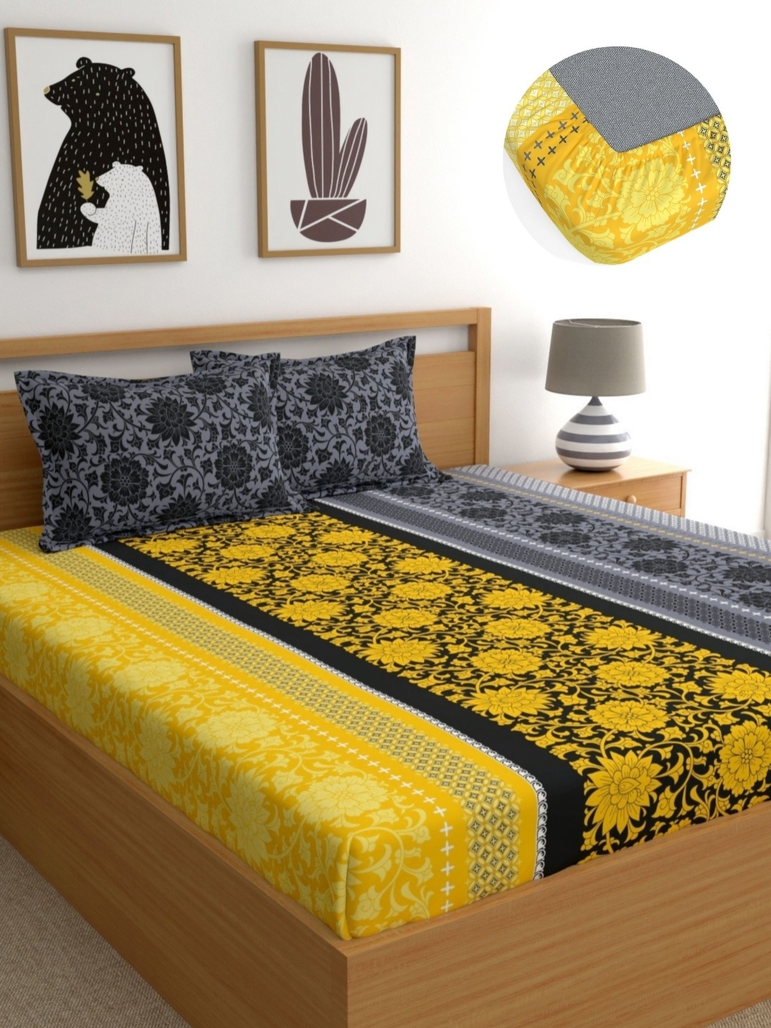 

Dreamscape Yellow & Grey Floral 144 TC Fitted King Bedsheet With 2 Pillow Covers