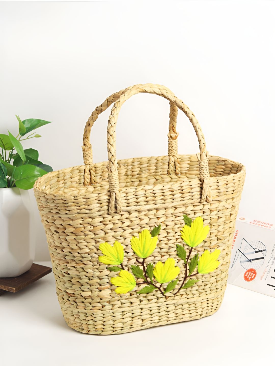 

HABERE INDIA Yellow & Beige Embroidered Tote Basket