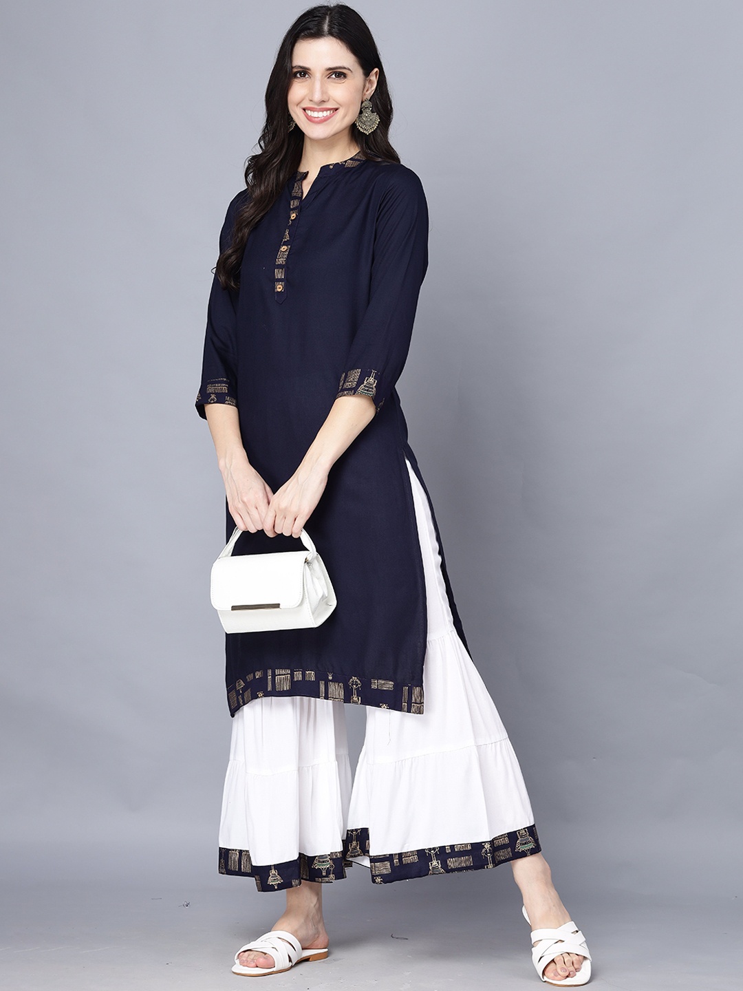 

Parth Fab Mandarin Collar Regular Straight Kurta with Sharara, Blue