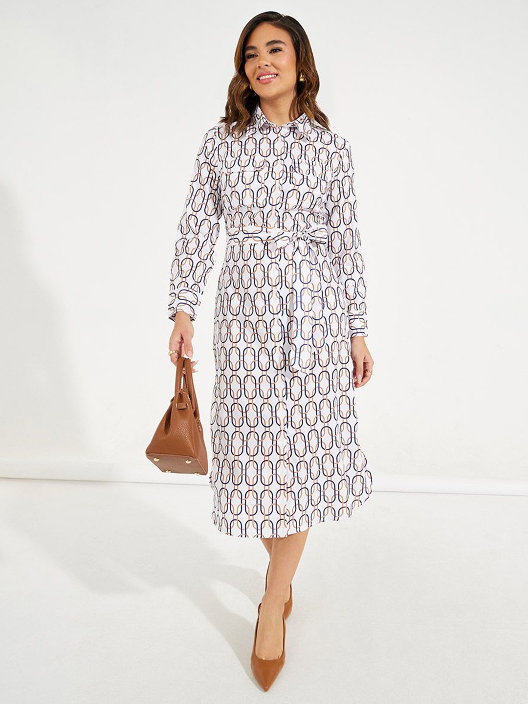 

Styli Multi All Over Print Shirt Midi Dress with Tie Belt, White