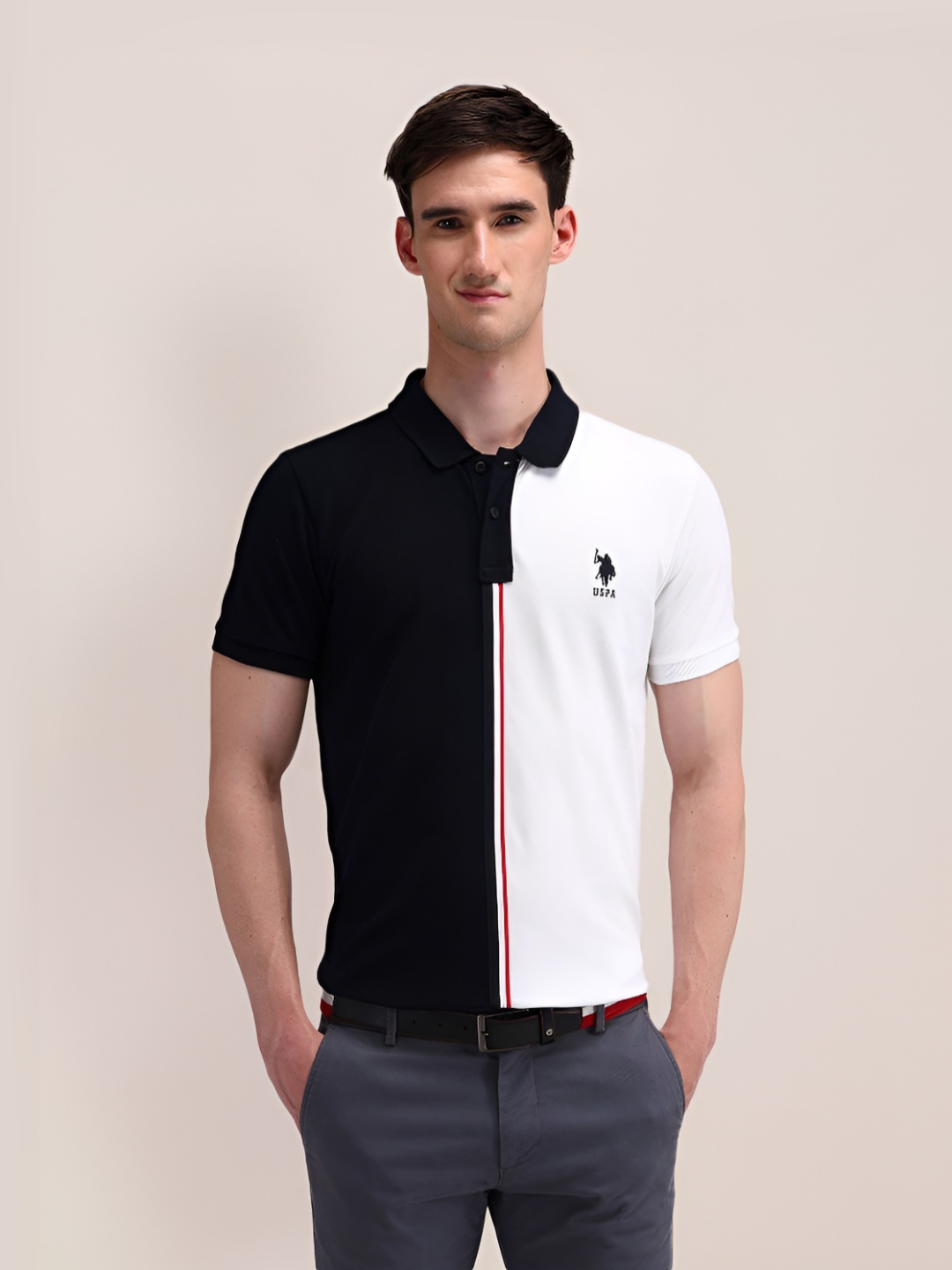 

U.S. Polo Assn. Men Colourblocked Polo Collar Cotton Slim Fit T-Shirt, Black