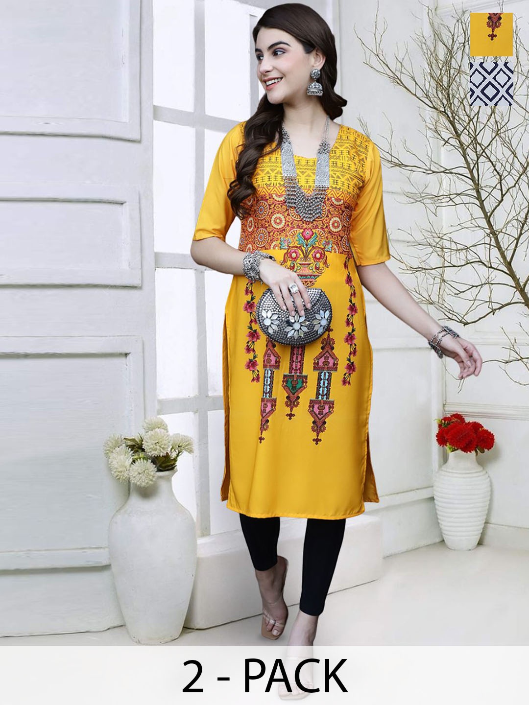 

7Threads Pack Of 2 Ethnic Motifs Printed Indie Prints Crepe Kurta, Yellow