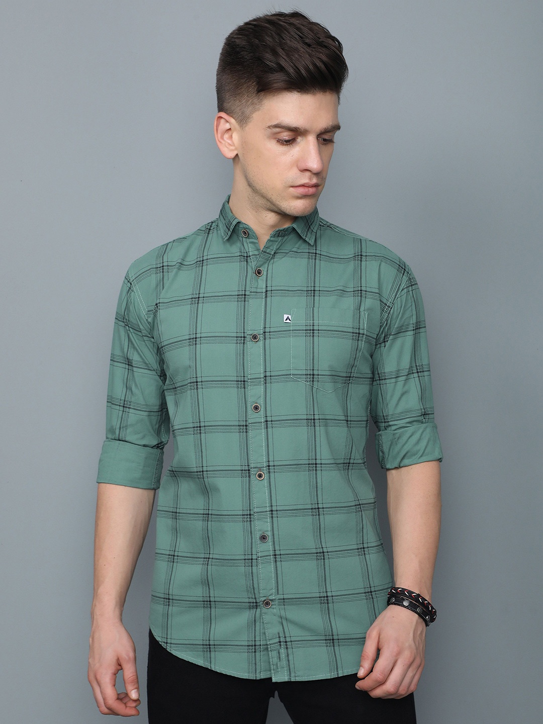 

AIDAN PAUL Men Comfort Spread Collar Windowpane Checked Cotton Casual Shirt, Green