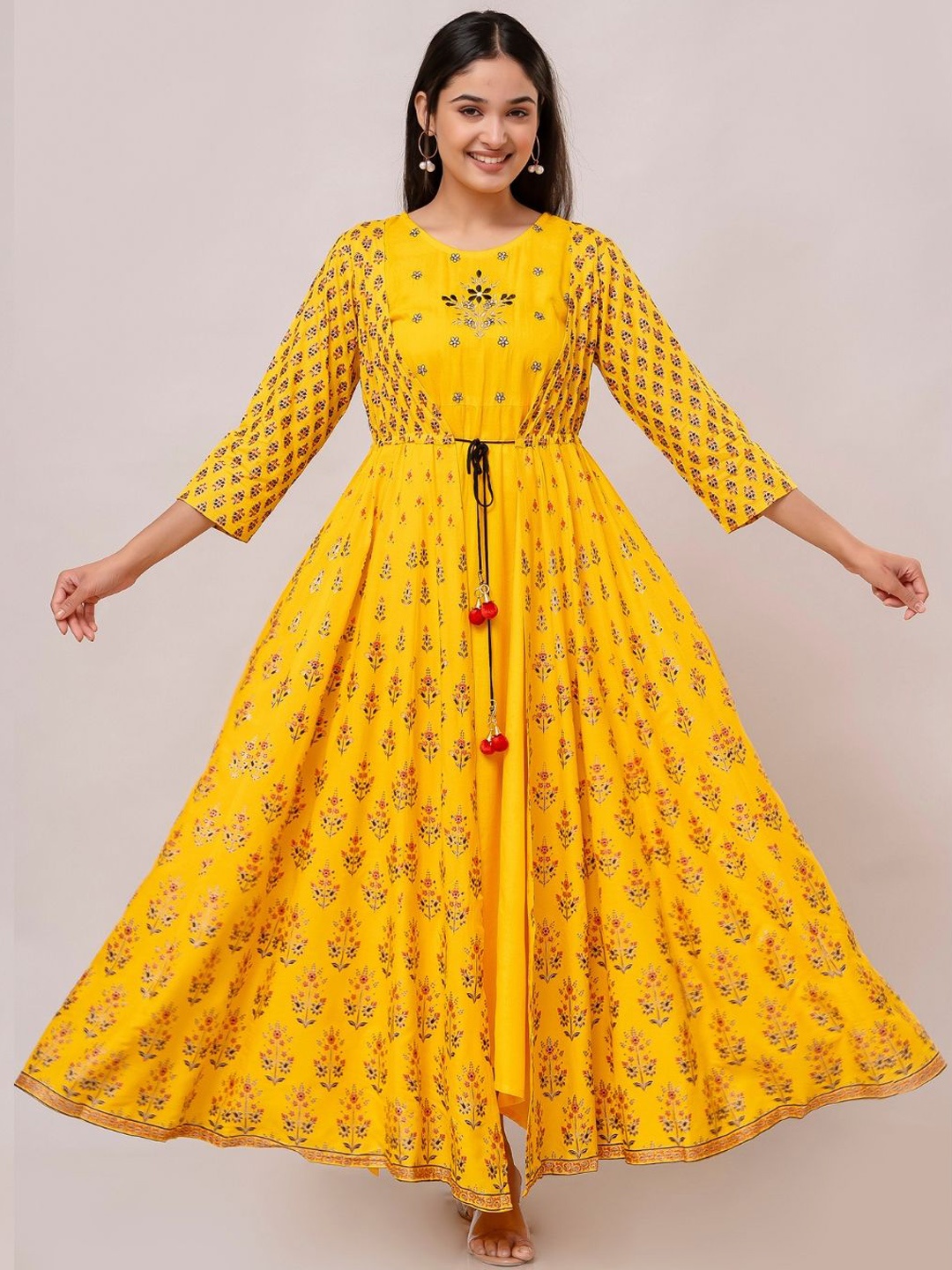 

Jaipurite Floral Embroidered Thread Work Maxi Ethnic Dress, Yellow