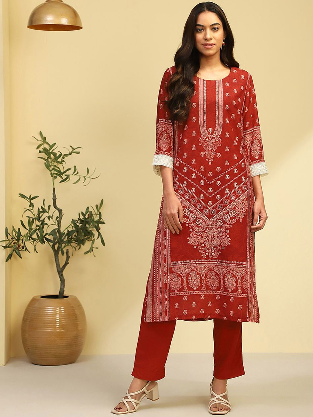 

Biba Floral Printed Crepe Straight Kurta, Red