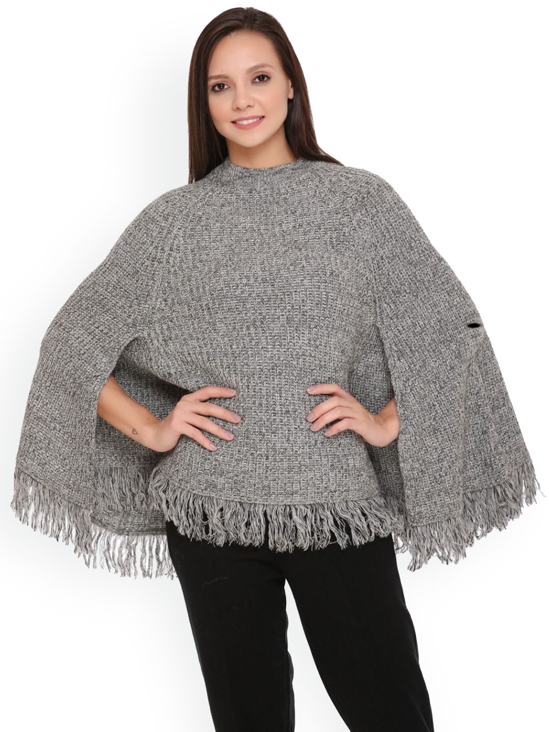 

TWENTY ME Women Woollen Lightweight Poncho Jacket, Grey