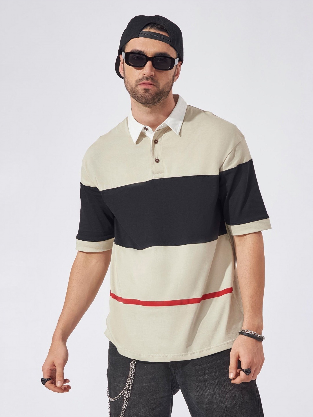 

Maniac Men Colourblocked Polo Collar Cotton Oversized T-Shirt, Grey