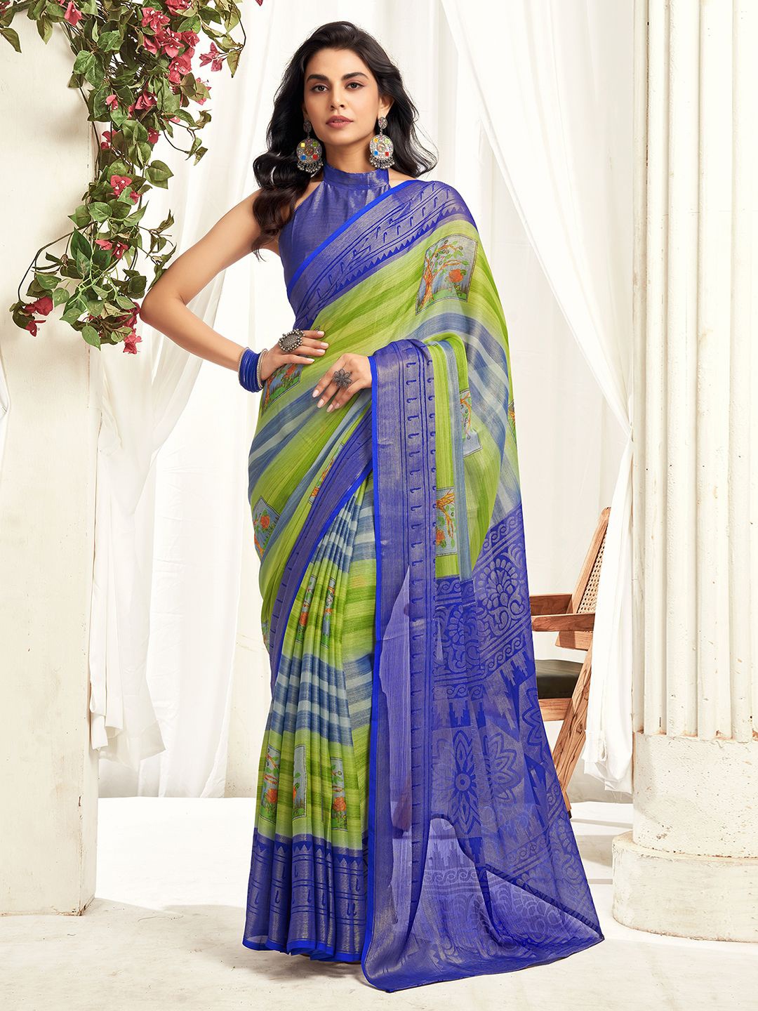 

KALINI Striped Printed Pure Chiffon Bagh Saree, Green