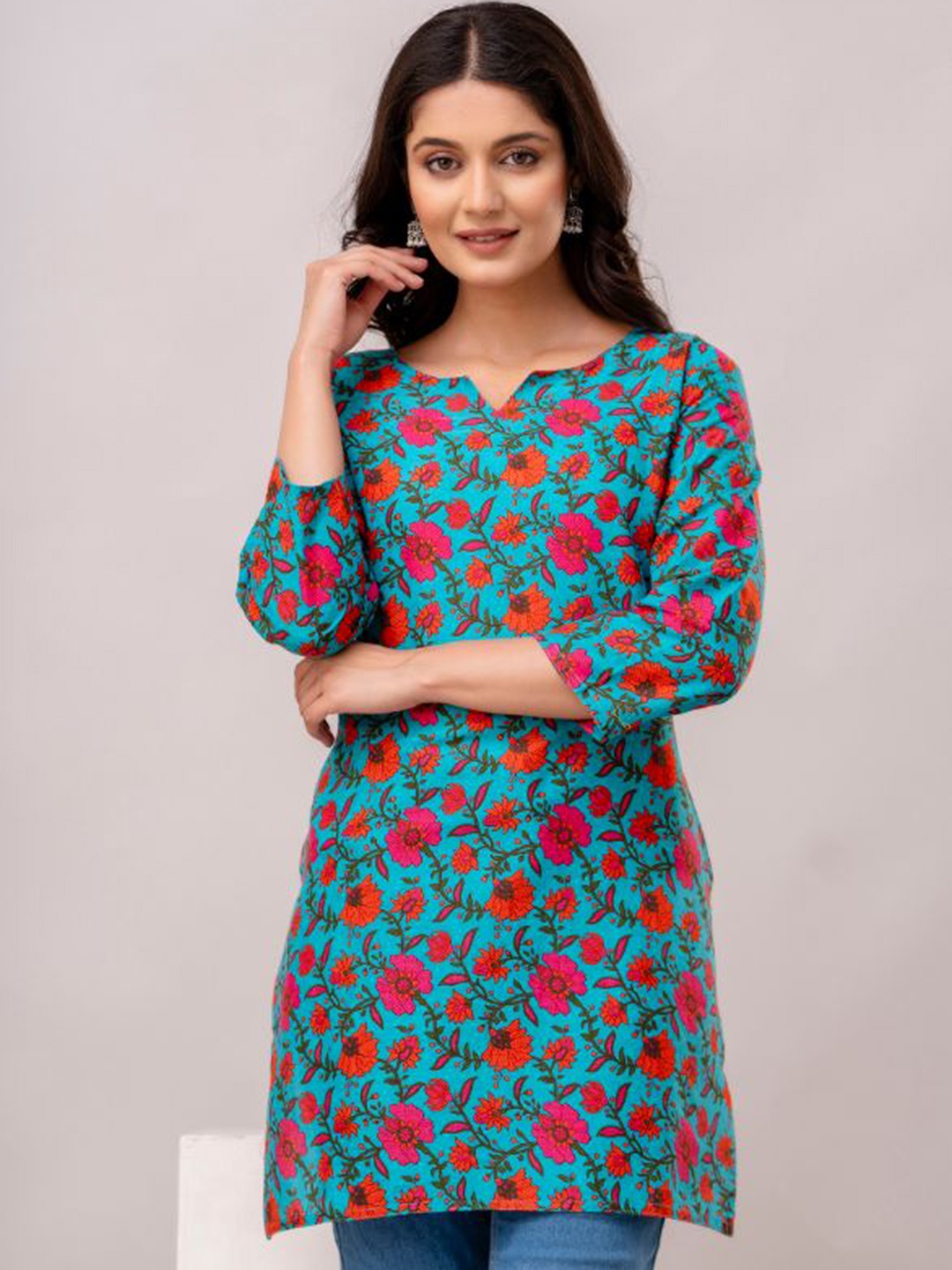 

Arudhi Floral Printed Pure Cotton Straight Kurta, Turquoise blue