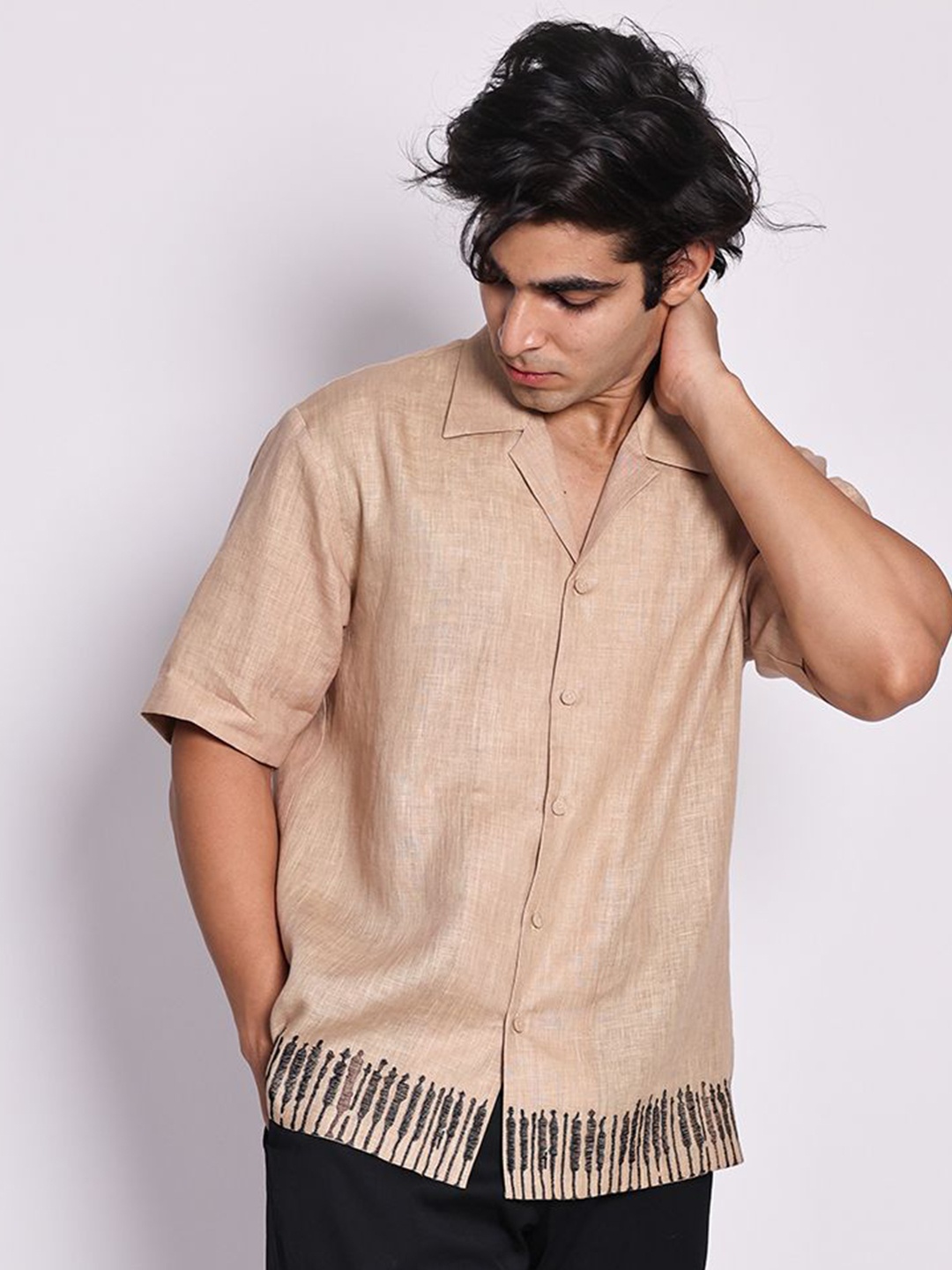 

Arya Giri Men Cuban Collar Solid Linen Casual Shirt, Beige