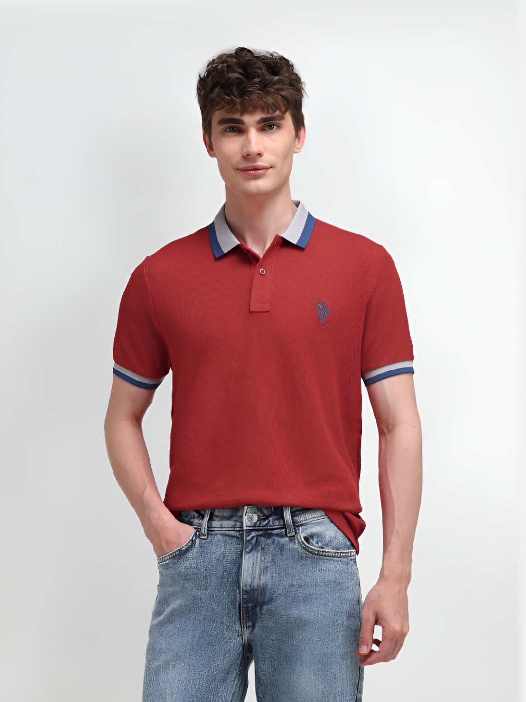 

U.S. Polo Assn. Men Solid Polo Collar Cotton Slim Fit T-Shirt, Red