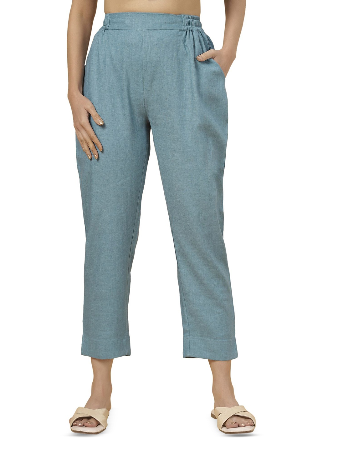 

Bottoms.love Straight Fit Mid-Rise Half Elasticated Regular Trousers, Blue