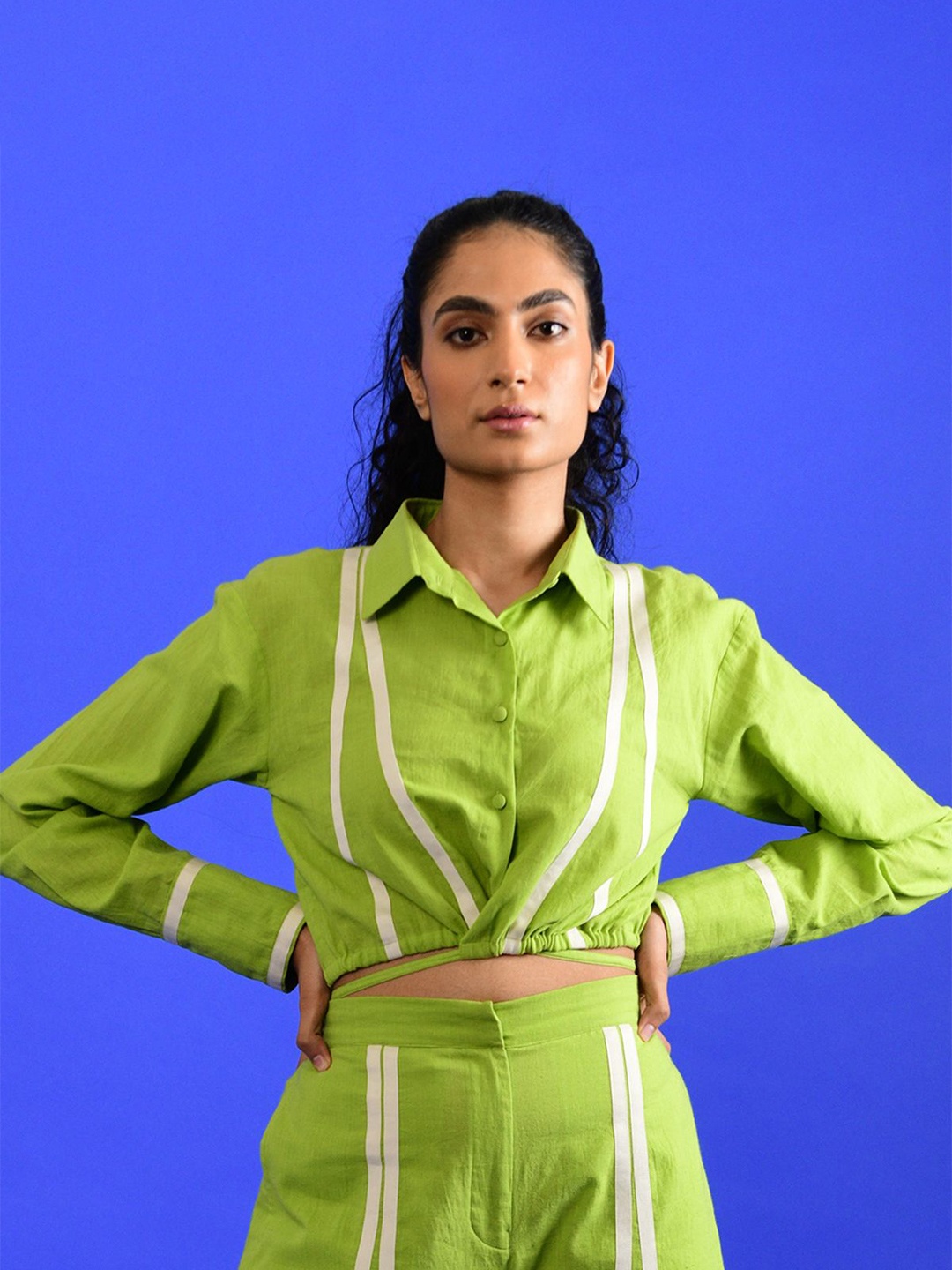 

Rias Jaipur Women Vertical Striped Shirt Collar Cotton Top, Green