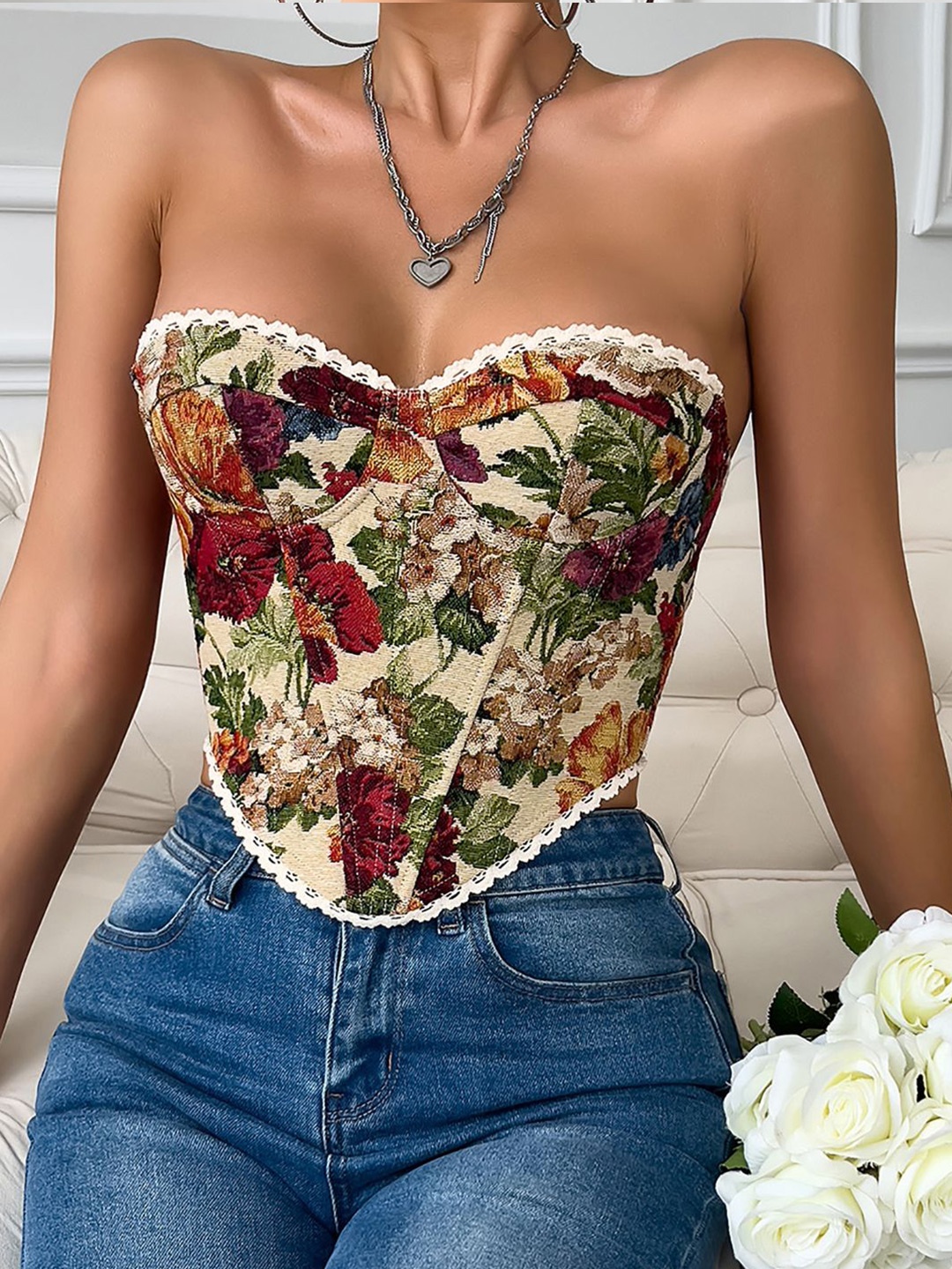 

StyleCast x Revolte Women Floral Printed Strapless Corset Top, Multi