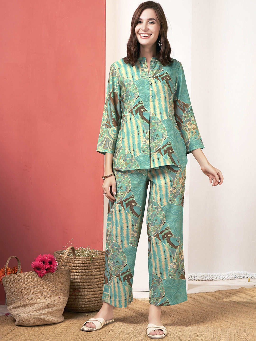 

Anouk Teal Green Printed Mandarin Collar Top With Palazzos