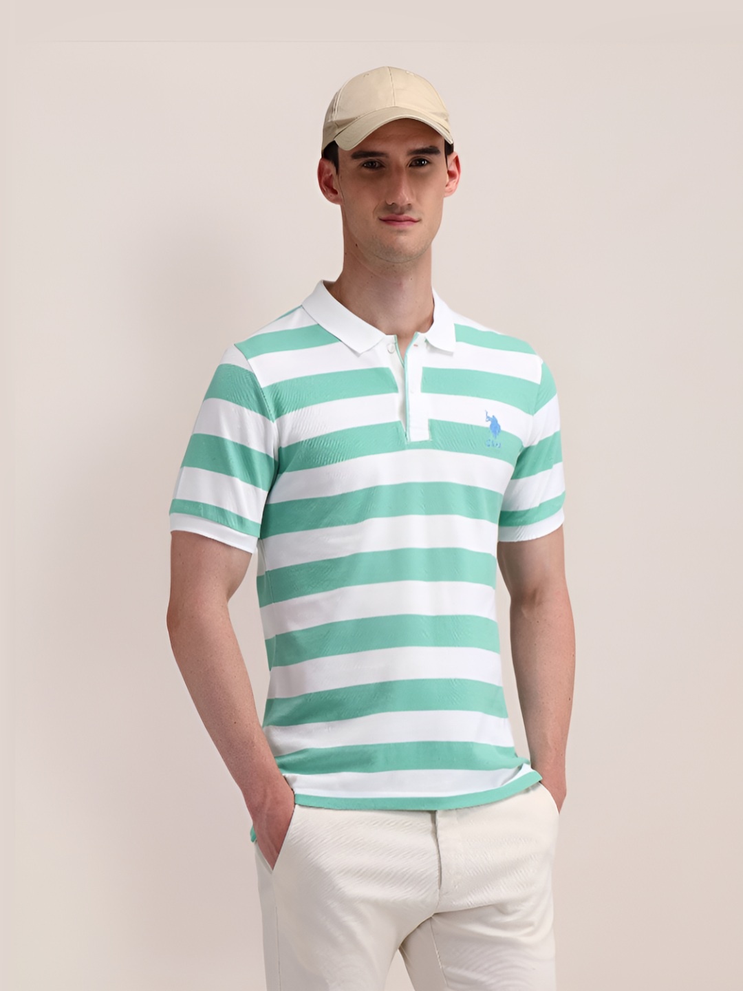 

U.S. Polo Assn. Men Striped Polo Collar Cotton Slim Fit T-Shirt, Green
