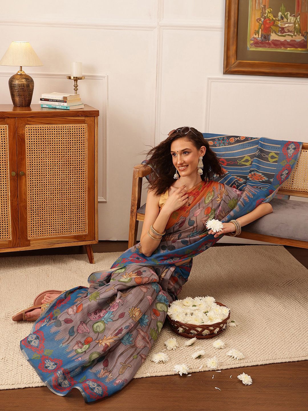 

Silk Land Floral Chnaderi Cotton Digital Print Saree, Grey