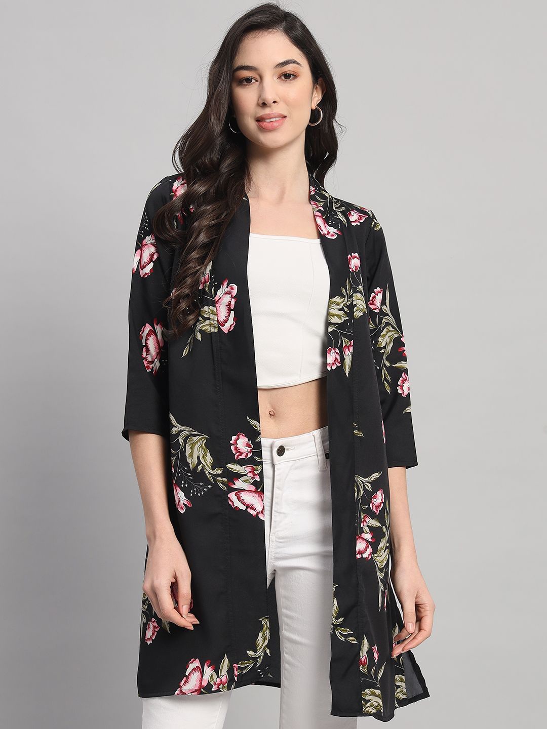 

Curvydrobe Floral Printed Longline Open Front Shrug, Black