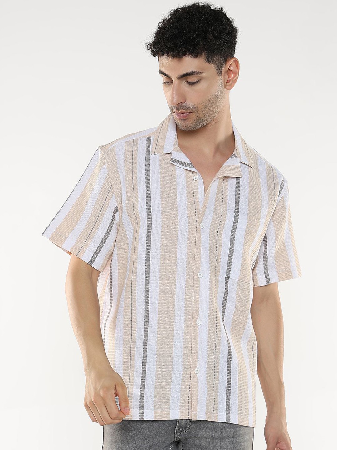 

R&B Men Cuban Collar Striped Cotton Relaxed Fit Casual Shirt, Beige