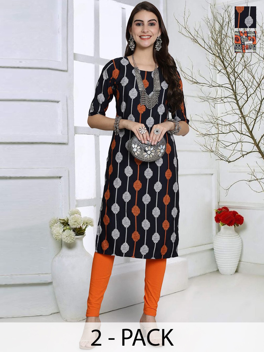 

7Threads Pack of 2 Geometric Printed Regular Crepe Straight Kurta, Black