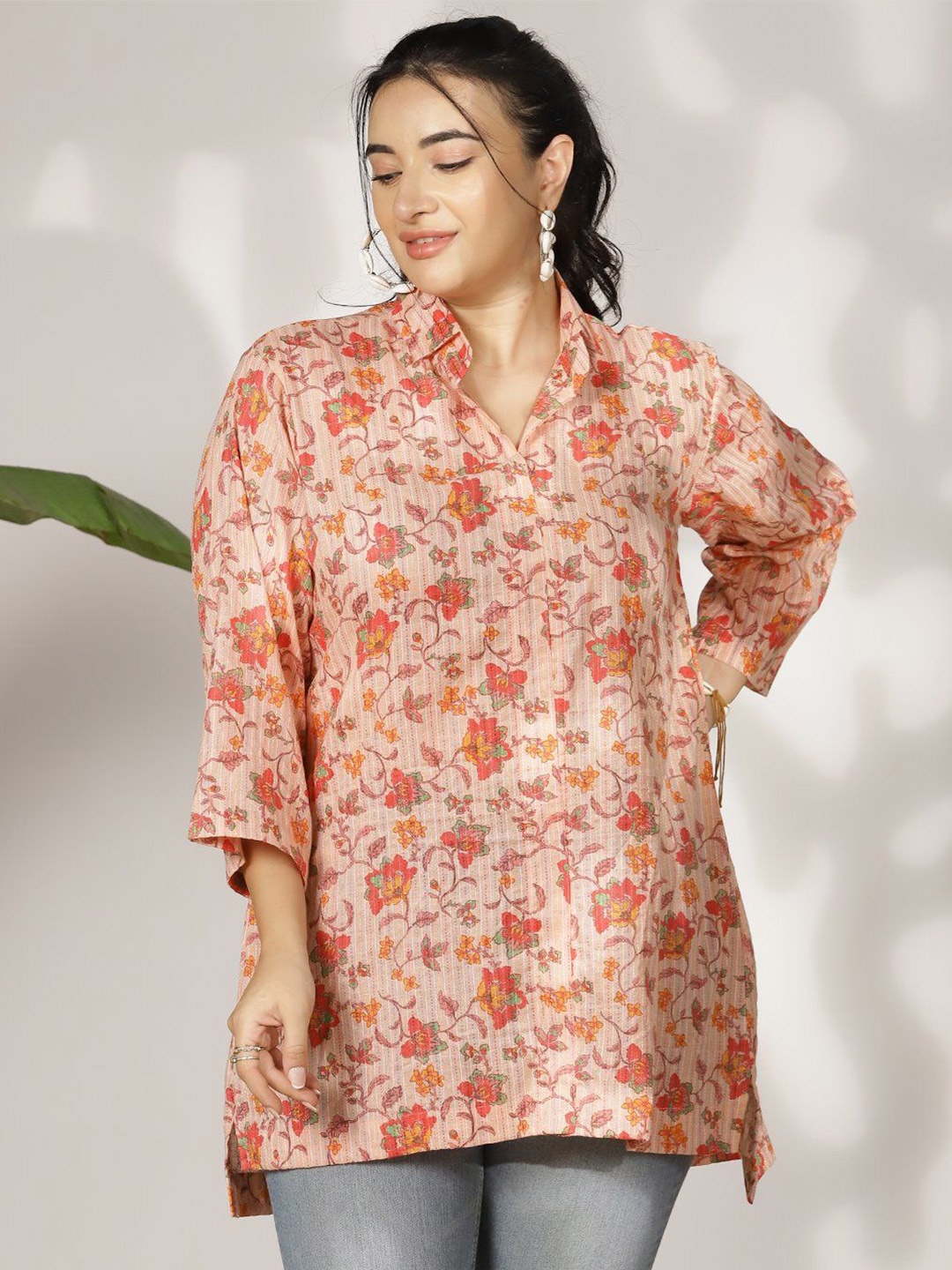 

LetsDressUp Women Floral Printed Shirt Collar Pure Cotton Top, Peach