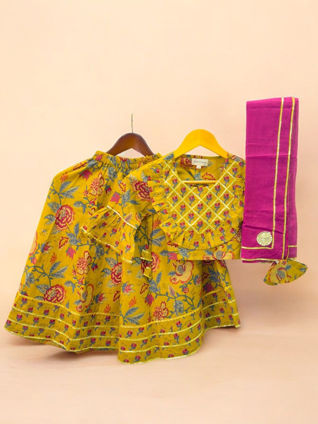

LITTLE GINNIE Floral Printed Pure Cotton Lehenga Choli With Dupatta, Mustard