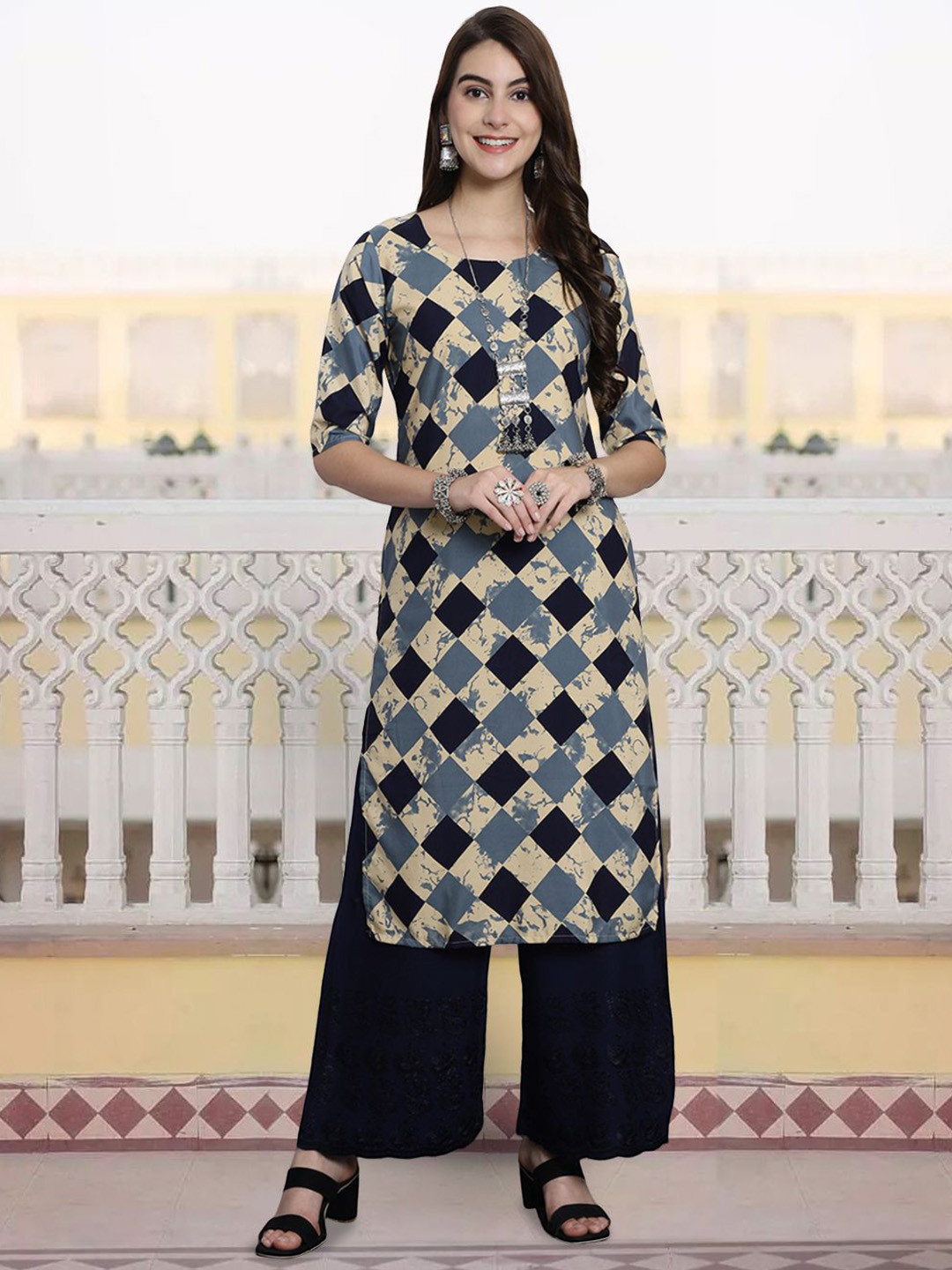 

7Threads Geometric Printed Round Neck Crepe Straight Kurta, Navy blue